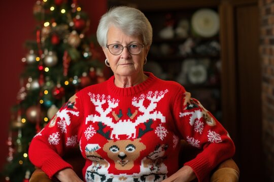 Old Woman In Ugly Christmas Sweater.