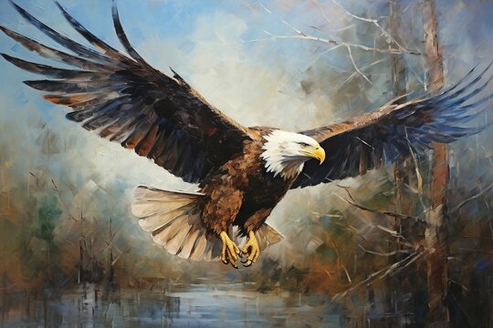 A bald eagle soaring. . Palette knife oil painting.