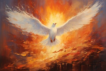 Pentecost background with flying dove and fire. Palette knife oil painting. - obrazy, fototapety, plakaty