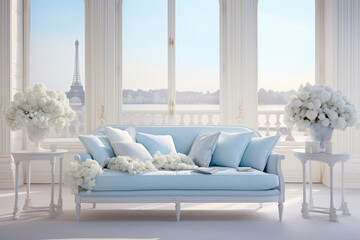 Fototapeta na wymiar Elegant and Serene Interior Design. White and Light Blue Palette Furnishing for a Tranquil Room