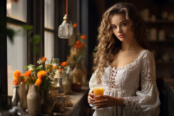 Young Girl in White Dress Holding Glass of Juice near Window Sill with Orange Flowers