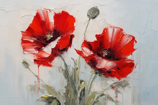 Red poppies. Palette knife oil painting.
