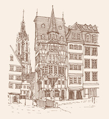 Obraz premium Travel sketch illustration of Frankfurt, Germany. Sketchy line art drawing with a pen on paper. Hand-drawn old town. Urban sketch in braun color isolated on beige background. Freehand drawing.