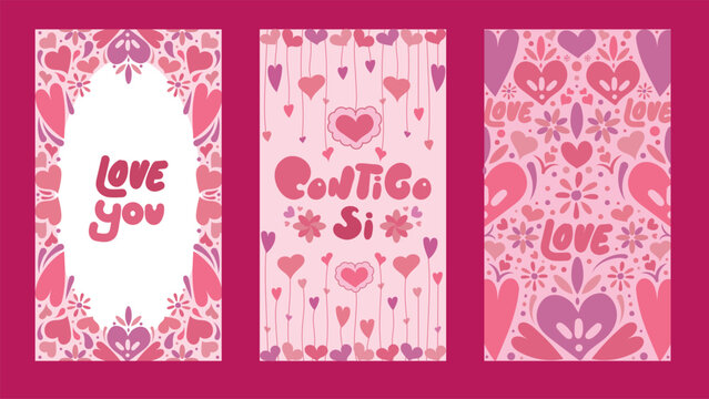 Plantilla de invitación, tarjeta y fondo con patrón de corazones para día del amor, San Valentín.