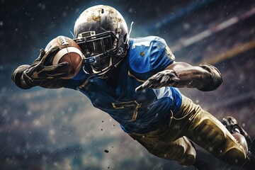 American football quarterback diving to score a touchdown.