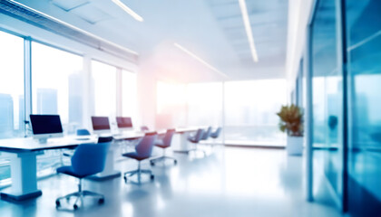 Beautiful blurred background of a light modern office interior with huge panoramic windows and beautiful cold lighting