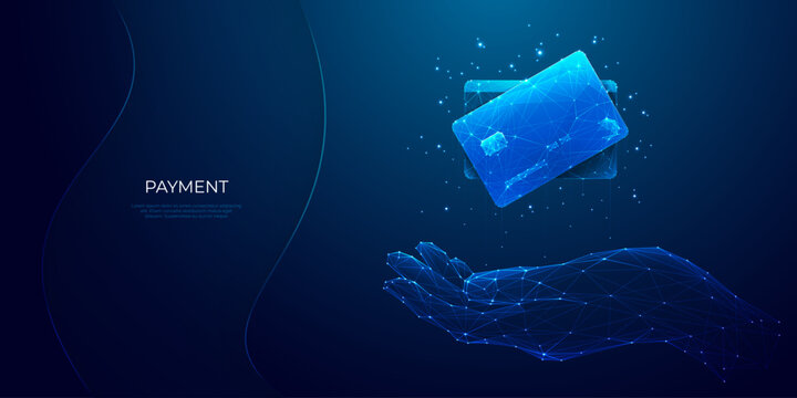 Abstract hand-holding bank card hologram on technology dark background. Digital money and finance concept. Debit and credit plastic payment cards. Low poly wireframe light blue vector illustration. 