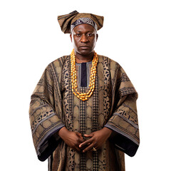 Obraz premium front view mid body shot of a male Yoruba from Nigeria in an Agbada traditional clothing isolated on a white transparent background