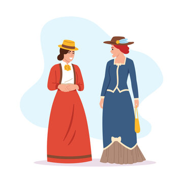 Vector illustration of girls from the ancient era. Cartoon scene with girls talking, dressed in vintage clothes, fashionable hats with accessories: handbag, brooches. Style from the 19th century.