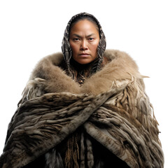 front view mid body shot of a female Maori from New Zealand in a Korowai feathered cloak isolated on a white transparent background - obrazy, fototapety, plakaty