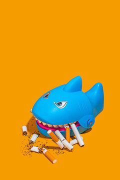 Shark toy with cigarette butts