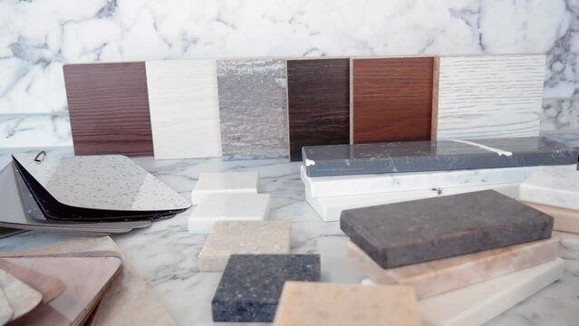 Furniture production. Catalog of samples of materials for kitchen countertops, facades made of artificial stone, plastic, laminate and chipboard