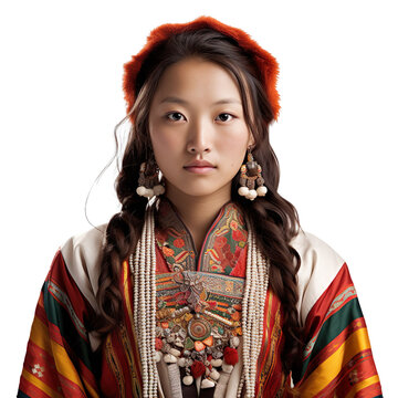 front view mid body shot of a female Tibet from Tibet in a Chuba traditional clothing isolated on a white transparent background