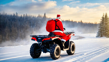 ATV with santa claus, gift boxes in rucksack. Santa Riding An quad bike. Santa Claus on racing vehicle wearing red costume. Man dressed as Santa Claus riding on nord pole. back rear view Generative ai - obrazy, fototapety, plakaty