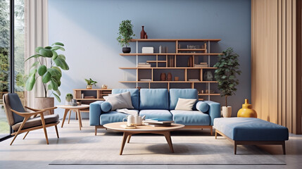 Spacious contemporary interior of a residence with a blue sofa table and decor elements in the living room This house layout is ideal for product presentation or as a backdrop. Generative AI
