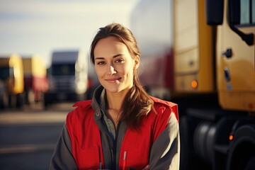 Beautiful smiling female truck driver.	