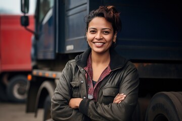 Beautiful smiling female truck driver.	