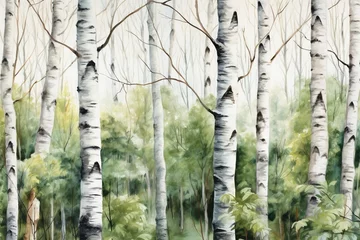 Poster Im Rahmen Watercolor painting forest landscape of birch trees in spring. © Bargais