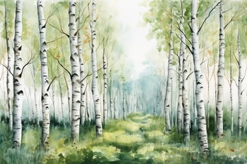Watercolor painting forest landscape of birch trees in spring.
