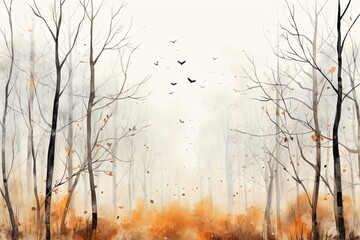 Watercolor painting forest pattern landscape of dry trees with birds.