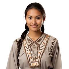 front view mid body shot of a female Navajo from the Navajo Nation in a Tunic traditional clothing isolated on a white transparent background - obrazy, fototapety, plakaty