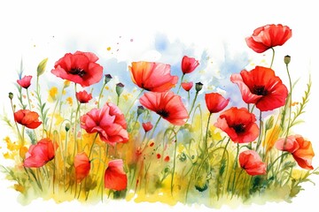 Obraz premium Watercolor field of red poppies.