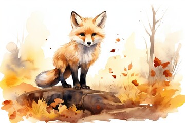 Watercolor illustration of a fox sitting at autumn.