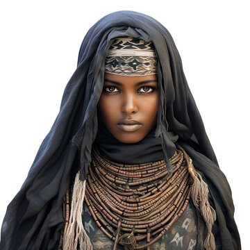 front view mid body shot of a female Tuareg from the Sahara Desert in a Tagelmust traditional clothing isolated on a white transparent background