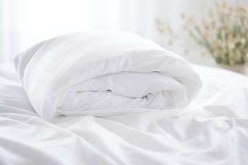 White duvet and pillow lying on white bed background.