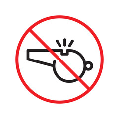 Prohibited whistle vector icon. No coach icon. Forbidden whistle icon. No trainer sign. Warning, caution, attention, restriction, danger flat sign design symbol pictogram. UX UI icon