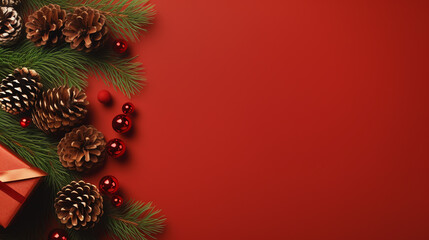 Christmas composition made of fir tree branches, gifts and pine cones on red background with a copy space.