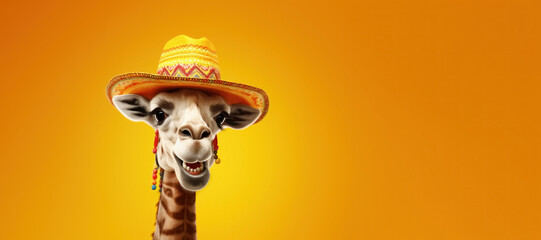 Banner with cartoon cute and funny giraffe head in Mexican hat sombrero, isolated on bright empty yellow backdrop with space for text - obrazy, fototapety, plakaty