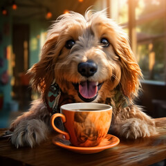 Portrait cute, happy, fluffy, domestic, young dog sits at table in cafe on morning with cup of coffee