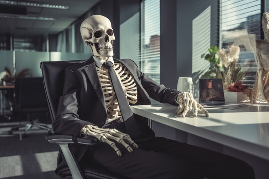 Skeleton of man in business suit and shirt is sitting at desk in bright office. Deadlines, lot of overtime, male employee working, psychological problems of workaholics