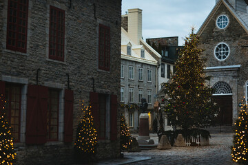 Historic Street Decorated with Christmas Lights in Quebec, Canada