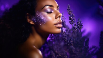 portrait of a brown woman with lavender makeup, bloom