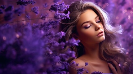 portrait of a blonde woman with lavender makeup, bloom © Zanni
