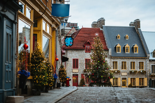 Quaint old town decorated for Christmas in Quebec, Canada