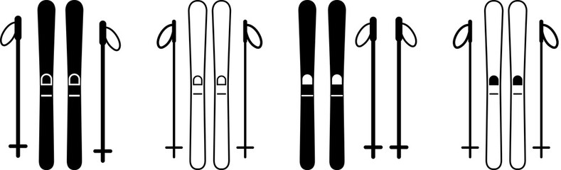 Set of skiing icons. Pair ski with ski poles. PNG