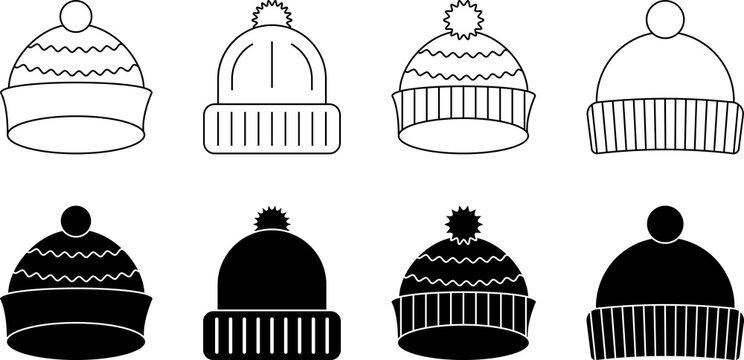 Winter hat icons. Winter outline knitted hats. PNG