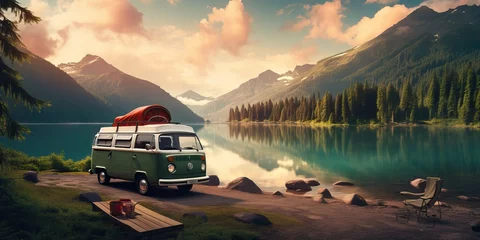 Poster A van traveling at sunset in nature at the Lake in the mountians, road trip to adventure and freedom © Eli Berr