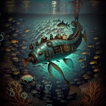 Fantasy Steampunk Fish with Bubbles. Generative AI. Morphing video of underwater steampunk fish. 