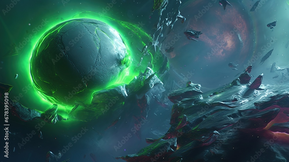 Wall mural a large asteroid in outer space near an abstract planet. spherical object glowing neon green. scienc