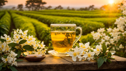 Beautiful glass cup of tea against the background of a field with a jasmine flower