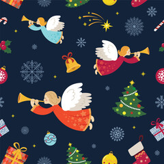 christmas pattern with angel and holiday elements vector