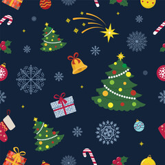 Christmas and Happy New Year seamless pattern with Christmas toys and gifts Vector illustration