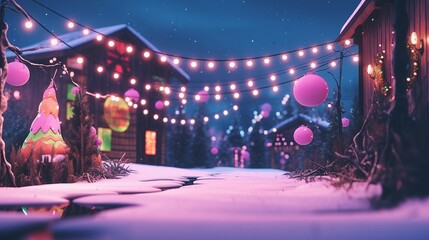 A village or township decorated with garlands for the New Year. Cityscape on a winter night with a starry sky and Christmas lights. Illustration for cover, card, postcard, interior design, brochure.