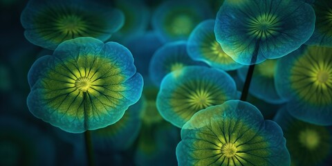 Close-up of growing flowers made of translucent glass or plastic with selective focus. Floral background. Illustration for cover, card, postcard, interior design, decor or print.