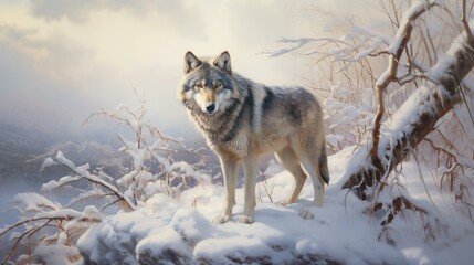 Naklejka premium Wolf in the winter forest New Year's card. Christmas background. Snowy mountains. Cozy atmosphere. New Year holidays. Oil painting. Realistic style.