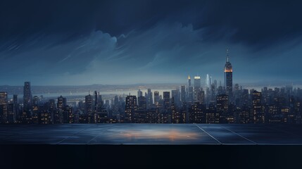 Beautiful night city background. In the foreground is an advertisement place. Oil painting. Realistic style. Blank for banner, cover, flyer, postcard and other advertising. Platform or pedestal.